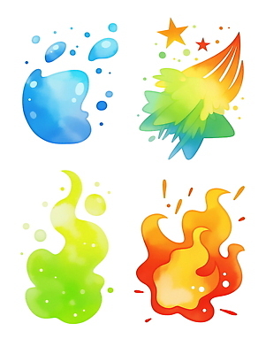 PSD 별 하늘색 일러스트 불꽃 사람없음 빨간색 연두색 물 세트 에너지 게임 독약 원소 묘기 폭발 마법 무지개색 엘리먼트 초능력 이펙트그래픽 국내일러스트 자연요소 컬러 그래픽백그라운드 놀이 불 초록색 파란색 컬러풀 화학 파일형식
