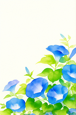 JPG 백그라운드 잎 일러스트 여름꽃 수채화 사람없음 파란색 꽃봉오리 나팔꽃 카피스페이스 국내일러스트 AI일러스트 AI콘텐츠 식물 꽃 컬러 공백 파일형식 여름_계절