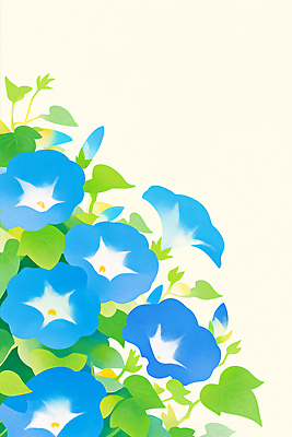 JPG 백그라운드 잎 일러스트 여름꽃 수채화 사람없음 파란색 꽃봉오리 나팔꽃 카피스페이스 국내일러스트 AI일러스트 AI콘텐츠 식물 꽃 컬러 공백 파일형식 여름_계절