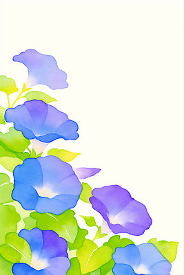 JPG 백그라운드 잎 일러스트 여름꽃 수채화 사람없음 보라색 꽃봉오리 나팔꽃 카피스페이스 국내일러스트 AI일러스트 AI콘텐츠 식물 꽃 컬러 공백 파일형식 여름_계절
