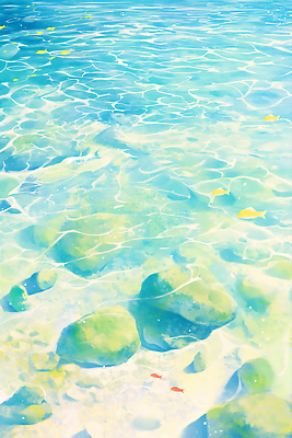 JPG 물결 모래 바다 일러스트 수채화 사람없음 바닷속 여름풍경 돌_바위 투명 시원함 에메랄드색 물고기떼 국내일러스트 AI일러스트 AI콘텐츠 컬러 어류 풍경 수중 파일형식 여름_계절