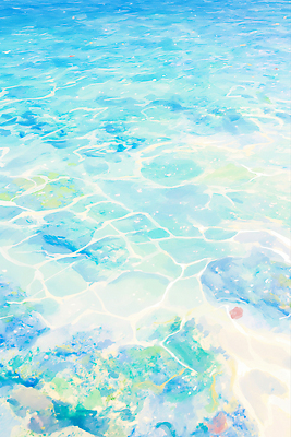 JPG 물결 모래 바다 하늘색 일러스트 수채화 사람없음 햇빛 여름풍경 돌_바위 투명 수면 시원함 물이끼 국내일러스트 AI일러스트 AI콘텐츠 풍경 물 파란색 태양 파일형식 여름_계절