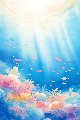 JPG 물결 바다 하늘색 일러스트 수채화 사람없음 햇빛 바닷속 여름풍경 돌_바위 투명 산호초 시원함 물고기떼 국내일러스트 AI일러스트 AI콘텐츠 어류 풍경 파란색 태양 수중 수중식물 파일형식 여름_계절