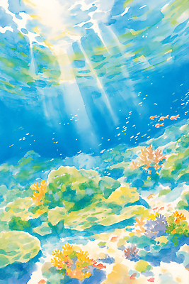 JPG 물결 바다 하늘색 일러스트 수채화 사람없음 햇빛 바닷속 여름풍경 돌_바위 투명 해초 산호초 시원함 물이끼 물고기떼 국내일러스트 AI일러스트 AI콘텐츠 어류 풍경 파란색 태양 수중 수중식물 해조류 파일형식 여름_계절