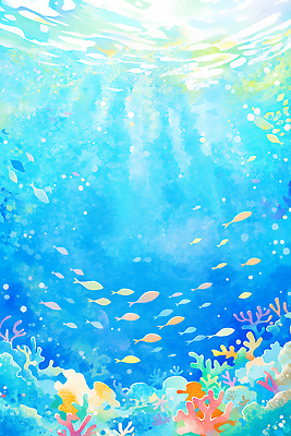 JPG 물결 바다 하늘색 일러스트 수채화 사람없음 햇빛 바닷속 여름풍경 투명 산호초 시원함 물고기떼 국내일러스트 AI일러스트 AI콘텐츠 어류 풍경 파란색 태양 수중 수중식물 파일형식 여름_계절