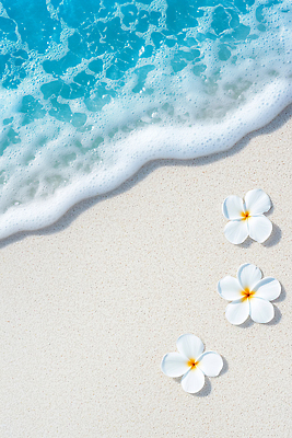 JPG 편집이미지 물결 하늘색 해변 사람없음 모래사장 여름풍경 거품 플루메리아 카피스페이스 편집실사 AI포토 AI콘텐츠 꽃 바다 풍경 파란색 공백 CG 파일형식 여름_계절