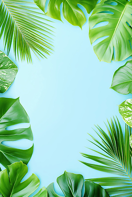 JPG 편집이미지 하늘색 프레임 사람없음 여름풍경 야자수잎 열대잎 카피스페이스 편집실사 AI포토 AI콘텐츠 잎 풍경 파란색 공백 CG 파일형식 여름_계절