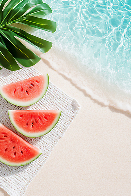 JPG 편집이미지 물결 하늘색 해변 사람없음 모래사장 여름풍경 거품 천 야자수잎 베이지색 수박조각 카피스페이스 편집실사 AI포토 AI콘텐츠 바다 컬러 조각 잎 수박 풍경 파란색 공백 직물 CG 파일형식 여름_계절