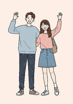 전신 PSD 여자 남자 행복 가방 일러스트 신혼부부 미소 성인 두명 손들기 손인사 연분홍색 성인만 국내일러스트 부부 잡화 감정 분홍색 모션 표정 사람 인사 신혼 파일형식