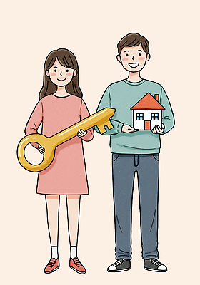 전신 PSD 여자 남자 행복 일러스트 신혼부부 열쇠 주택 미소 들기 성인 두명 연분홍색 성인만 국내일러스트 부부 감정 분홍색 모션 표정 사람 건물 신혼 파일형식