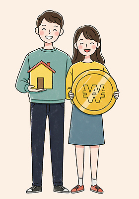 전신 PSD 여자 남자 행복 일러스트 신혼부부 주택 미소 들기 성인 두명 동전 원화 연분홍색 성인만 국내일러스트 부부 감정 분홍색 돈 모션 표정 사람 건물 신혼 파일형식