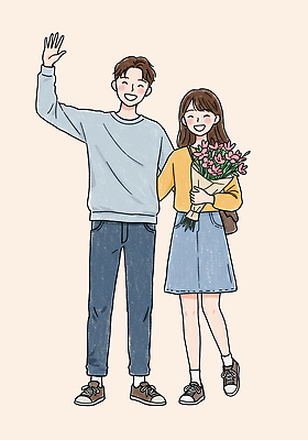 전신 PSD 여자 남자 행복 꽃다발 가방 일러스트 신혼부부 미소 들기 성인 두명 손들기 손인사 연분홍색 성인만 국내일러스트 부부 잡화 꽃 감정 분홍색 모션 표정 사람 인사 신혼 파일형식