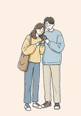 전신 PSD 여자 남자 행복 가방 일러스트 신혼부부 미소 들기 성인 두명 스마트폰 가리킴 연분홍색 성인만 국내일러스트 부부 잡화 감정 분홍색 모션 표정 사람 손짓 핸드폰 스마트기기 신혼 파일형식