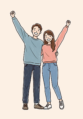 전신 PSD 여자 남자 행복 일러스트 신혼부부 미소 성인 두명 손들기 파이팅 연분홍색 성인만 국내일러스트 부부 감정 분홍색 모션 표정 사람 신혼 파일형식