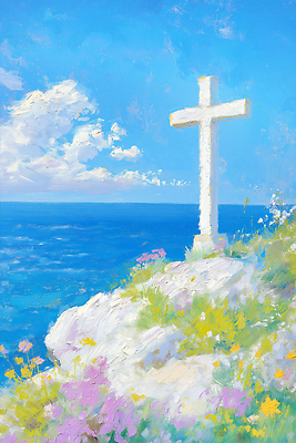 JPG 구름 기독교 바다 하늘색 십자가 꽃밭 일러스트 하늘 사람없음 여름풍경 천주교 기도 예수 하나님 유화 국내일러스트 AI일러스트 AI콘텐츠 자연요소 꽃 종교 미술 풍경 파란색 신_종교 파일형식 여름_계절
