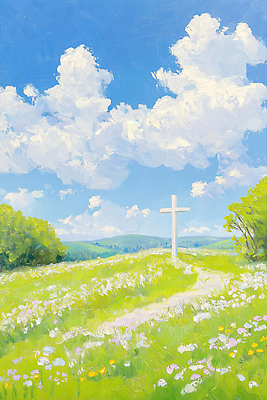 JPG 나무 구름 기독교 길 하늘색 십자가 꽃밭 일러스트 하늘 초원 사람없음 연두색 여름풍경 천주교 기도 예수 하나님 유화 산맥 국내일러스트 AI일러스트 AI콘텐츠 자연요소 식물 꽃 종교 산 미술 풍경 초록색 파란색 신_종교 파일형식 여름_계절