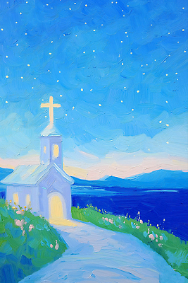 JPG 기독교 길 바다 십자가 일러스트 밤하늘 잔디 사람없음 파란색 빛 성당 교회 여름풍경 천주교 기도 예수 하나님 여름밤 유화 수평선 국내일러스트 AI일러스트 AI콘텐츠 식물 종교 컬러 종교건축 하늘 미술 풍경 건물 여름 신_종교 야간 파일형식 여름_계절