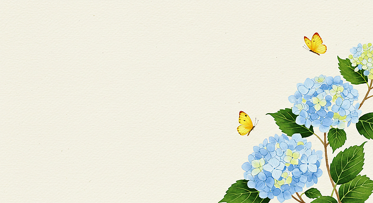 JPG 하늘색 나비 잎 일러스트 여름꽃 수채화 사람없음 수국 베이지색 카피스페이스 국내일러스트 AI일러스트 AI콘텐츠 식물 꽃 컬러 곤충 파란색 공백 파일형식 여름_계절