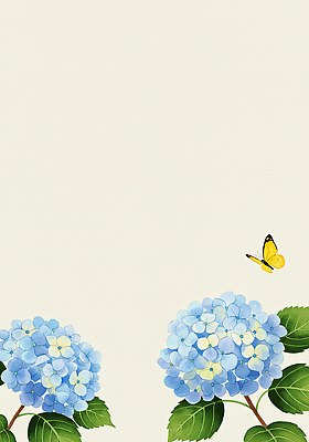 JPG 하늘색 나비 잎 일러스트 여름꽃 수채화 사람없음 수국 베이지색 카피스페이스 국내일러스트 AI일러스트 AI콘텐츠 식물 꽃 컬러 곤충 파란색 공백 파일형식 여름_계절