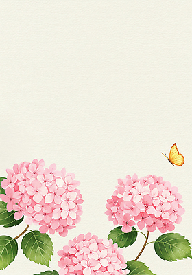 JPG 분홍색 나비 잎 일러스트 여름꽃 수채화 사람없음 수국 베이지색 카피스페이스 국내일러스트 AI일러스트 AI콘텐츠 식물 꽃 컬러 곤충 공백 파일형식 여름_계절