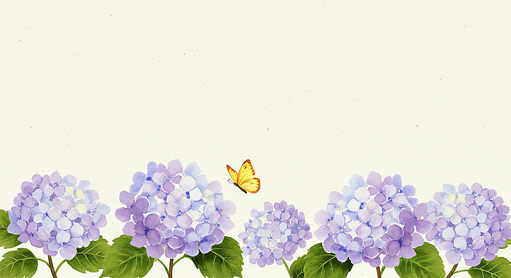 JPG 나비 잎 일러스트 여름꽃 수채화 사람없음 수국 연보라색 베이지색 카피스페이스 국내일러스트 AI일러스트 AI콘텐츠 식물 꽃 컬러 곤충 보라색 공백 파일형식 여름_계절