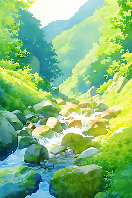 JPG 나무 일러스트 자연 수채화 사람없음 연두색 여름풍경 바위 풀 개울 산속 물흐름 국내일러스트 AI일러스트 AI콘텐츠 식물 산 풍경 초록색 강 흐름 돌_바위 생태계 파일형식 여름_계절