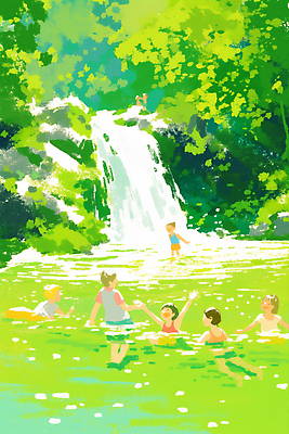 JPG 나무 여자 남자 어린이 일러스트 자연 물놀이 수채화 소녀 소년 여러명 연두색 수영 여름풍경 폭포 만세 바위 풀 개울 산속 어린이만 국내일러스트 AI일러스트 AI콘텐츠 식물 다수 모션 놀이 산 사람 풍경 초록색 강 돌_바위 수상스포츠 생태계 파일형식 여름_계절