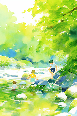 JPG 나무 여자 남자 어린이 일러스트 자연 물놀이 수채화 소녀 소년 세명 연두색 걷기 여름풍경 바위 풀 개울 산속 어린이만 국내일러스트 AI일러스트 AI콘텐츠 식물 모션 놀이 산 사람 풍경 초록색 강 돌_바위 생태계 파일형식 여름_계절