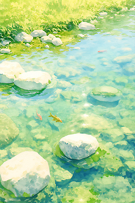 JPG 일러스트 자연 수채화 어류 사람없음 연두색 여름풍경 바위 풀 개울 수면 국내일러스트 AI일러스트 AI콘텐츠 식물 풍경 초록색 물 강 수중동물 돌_바위 생태계 파일형식 여름_계절