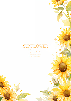 PSD 잎 일러스트 해바라기 수채화 사람없음 노란색 꽃프레임 카피스페이스 국내일러스트 식물 꽃 컬러 프레임 공백 파일형식