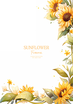 PSD 잎 일러스트 해바라기 수채화 사람없음 노란색 꽃프레임 카피스페이스 국내일러스트 식물 꽃 컬러 프레임 공백 파일형식