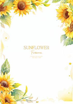 PSD 잎 일러스트 해바라기 수채화 사람없음 노란색 꽃프레임 카피스페이스 국내일러스트 식물 꽃 컬러 프레임 공백 파일형식