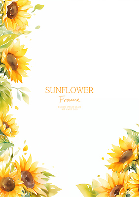 PSD 잎 일러스트 해바라기 수채화 사람없음 노란색 꽃프레임 카피스페이스 국내일러스트 식물 꽃 컬러 프레임 공백 파일형식
