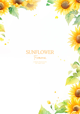 PSD 잎 일러스트 해바라기 수채화 사람없음 노란색 꽃프레임 카피스페이스 국내일러스트 식물 꽃 컬러 프레임 공백 파일형식