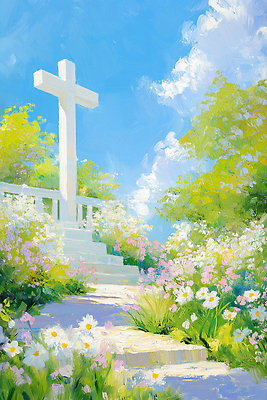JPG 나무 구름 기독교 하늘색 십자가 꽃밭 일러스트 하늘 사람없음 햇빛 계단 천주교 풀잎 유화 국내일러스트 AI일러스트 AI콘텐츠 자연요소 식물 꽃 종교 잎 미술 파란색 태양 풀_식물 파일형식