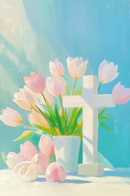 JPG 꽃 기독교 화분 하늘색 십자가 잎 일러스트 그림자 사람없음 햇빛 천주교 유화 국내일러스트 AI일러스트 AI콘텐츠 식물 종교 미술 파란색 태양 파일형식