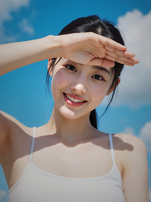 JPG 구름 편집이미지 여자 하늘 그림자 한명 미소 상반신 성인 여름 햇빛 손들기 가림 의료성형뷰티 성인여자한명만 청량 편집실사 AI인물포토 AI콘텐츠 자연요소 1 계절 모션 표정 사람 태양 CG 여자한명만 성인여자만 파일형식 AI포토