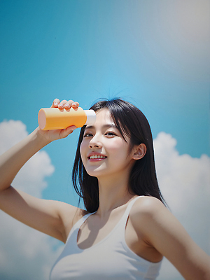 JPG 구름 편집이미지 여자 하늘 그림자 한명 미소 들기 상반신 성인 여름 햇빛 손들기 가림 선크림 의료성형뷰티 성인여자한명만 청량 편집실사 AI인물포토 AI콘텐츠 자연요소 1 계절 모션 표정 사람 태양 화장품 CG 여자한명만 성인여자만 파일형식 AI포토