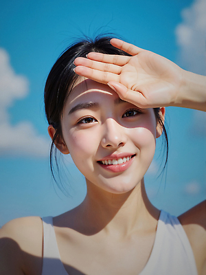 JPG 구름 편집이미지 여자 하늘 그림자 한명 미소 상반신 성인 여름 햇빛 손들기 가림 의료성형뷰티 성인여자한명만 청량 편집실사 AI인물포토 AI콘텐츠 자연요소 1 계절 모션 표정 사람 태양 CG 여자한명만 성인여자만 파일형식 AI포토