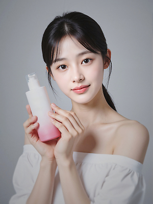 JPG 편집이미지 여자 한명 미소 들기 상반신 성인 피부관리 스킨케어 클렌징 클렌징오일 클렌징크림 클렌징폼 의료성형뷰티 성인여자한명만 편집실사 AI인물포토 AI콘텐츠 1 모션 표정 사람 뷰티 청결 CG 세안용품 여자한명만 성인여자만 파일형식 AI포토