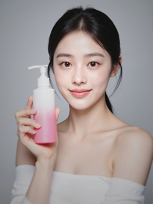 JPG 편집이미지 여자 한명 미소 들기 상반신 성인 피부관리 스킨케어 클렌징 클렌징오일 클렌징크림 클렌징폼 의료성형뷰티 성인여자한명만 편집실사 AI인물포토 AI콘텐츠 1 모션 표정 사람 뷰티 청결 CG 세안용품 여자한명만 성인여자만 파일형식 AI포토