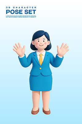 전신 PSD 편집이미지 여자 포즈 하늘색 3D캐릭터 한명 미소 정장 성인 3D 손들기 비즈니스우먼 성인여자한명만 편집3D 캐릭터 1 옷 비즈니스 모션 표정 사람 파란색 직장인 디지털합성 여자한명만 성인여자만 파일형식