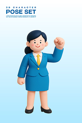 전신 PSD 편집이미지 여자 포즈 하늘색 3D캐릭터 한명 미소 정장 성인 3D 손들기 파이팅 비즈니스우먼 성인여자한명만 편집3D 캐릭터 1 옷 비즈니스 모션 표정 사람 파란색 직장인 디지털합성 여자한명만 성인여자만 파일형식