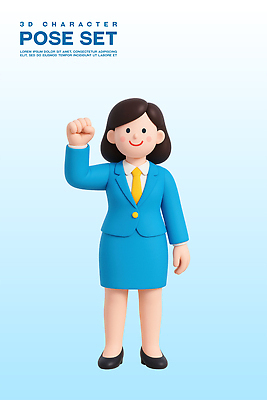 전신 PSD 편집이미지 여자 포즈 하늘색 3D캐릭터 한명 미소 정장 성인 3D 손들기 파이팅 비즈니스우먼 성인여자한명만 편집3D 캐릭터 1 옷 비즈니스 모션 표정 사람 파란색 직장인 디지털합성 여자한명만 성인여자만 파일형식