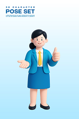 전신 PSD 편집이미지 여자 포즈 하늘색 3D캐릭터 한명 미소 정장 성인 3D 손들기 비즈니스우먼 따봉 성인여자한명만 편집3D 캐릭터 1 옷 비즈니스 모션 표정 사람 파란색 최고 직장인 디지털합성 여자한명만 성인여자만 파일형식