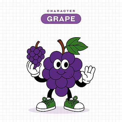 장갑 신발 잎 일러스트 포도 미소 들기 사람없음 손들기 보라색 복고 손인사 과일캐릭터 일러캐릭터 AI파일 식물 캐릭터 잡화 컬러 과일 모션 표정 인사 파일형식 벡터