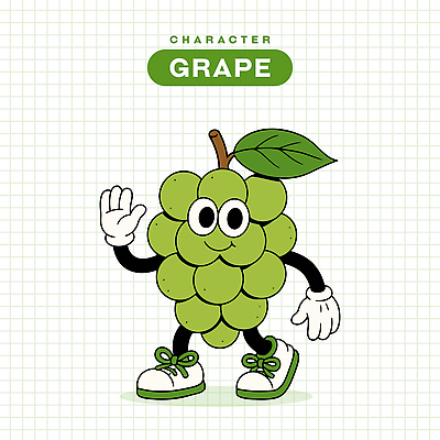 장갑 신발 잎 일러스트 미소 사람없음 연두색 손들기 청포도 복고 손인사 과일캐릭터 일러캐릭터 AI파일 식물 캐릭터 잡화 모션 포도 표정 초록색 인사 파일형식 벡터