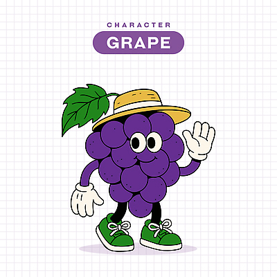 장갑 신발 잎 일러스트 포도 미소 사람없음 손들기 보라색 복고 밀짚모자 손인사 과일캐릭터 일러캐릭터 AI파일 식물 캐릭터 모자_잡화 잡화 컬러 과일 모션 표정 인사 파일형식 벡터