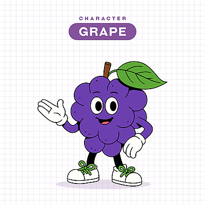 허리손 장갑 신발 잎 일러스트 포도 미소 사람없음 손들기 보라색 복고 과일캐릭터 일러캐릭터 AI파일 식물 캐릭터 잡화 컬러 포즈 과일 모션 표정 파일형식 벡터