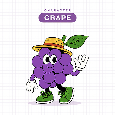장갑 신발 잎 일러스트 포도 미소 사람없음 손들기 보라색 복고 밀짚모자 손인사 과일캐릭터 일러캐릭터 AI파일 식물 캐릭터 모자_잡화 잡화 컬러 과일 모션 표정 인사 파일형식 벡터